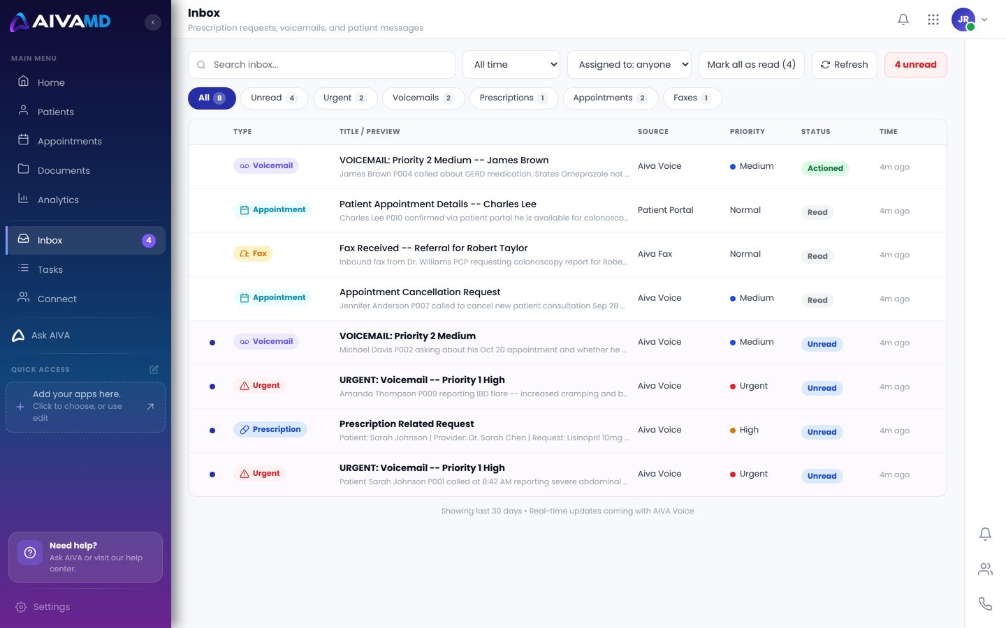 AIVA Inbox screen
