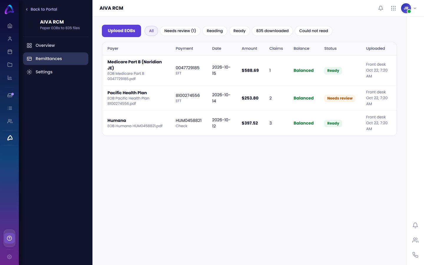 AIVA Remittances screen