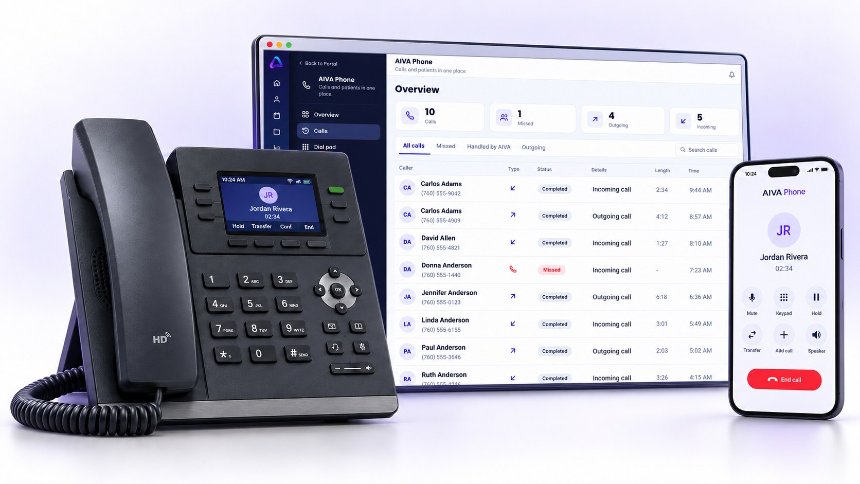 AIVA Phone on a desk phone, in the browser and on a mobile phone, all showing the same call