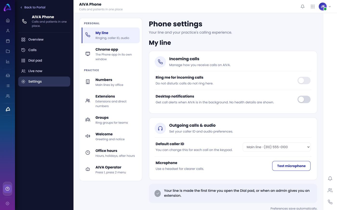 AIVA Phone settings: your line, extensions, groups and office hours